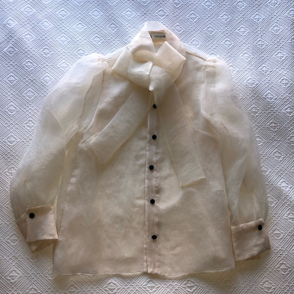 Zara Off White Sheer Top with Large Bow in Size Medium